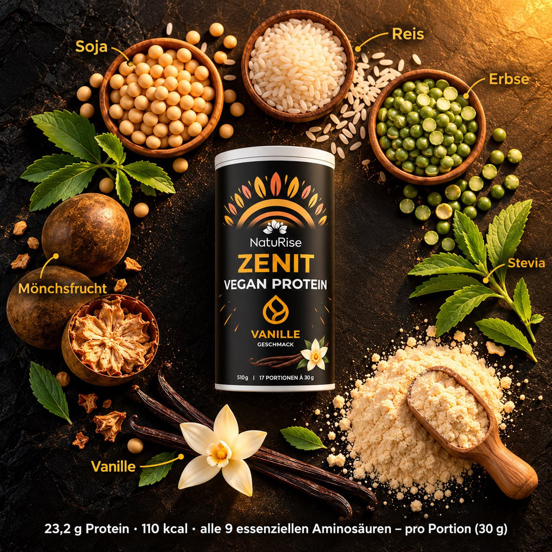 Zenit Vegan Protein Vanille – Zutaten Soja, Reis, Erbse, Stevia, Mönchsfrucht, Vanille