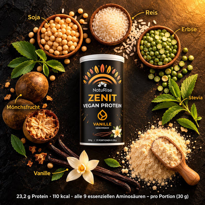 Zenit Vegan Protein Vanille – Zutaten Soja, Reis, Erbse, Stevia, Mönchsfrucht, Vanille