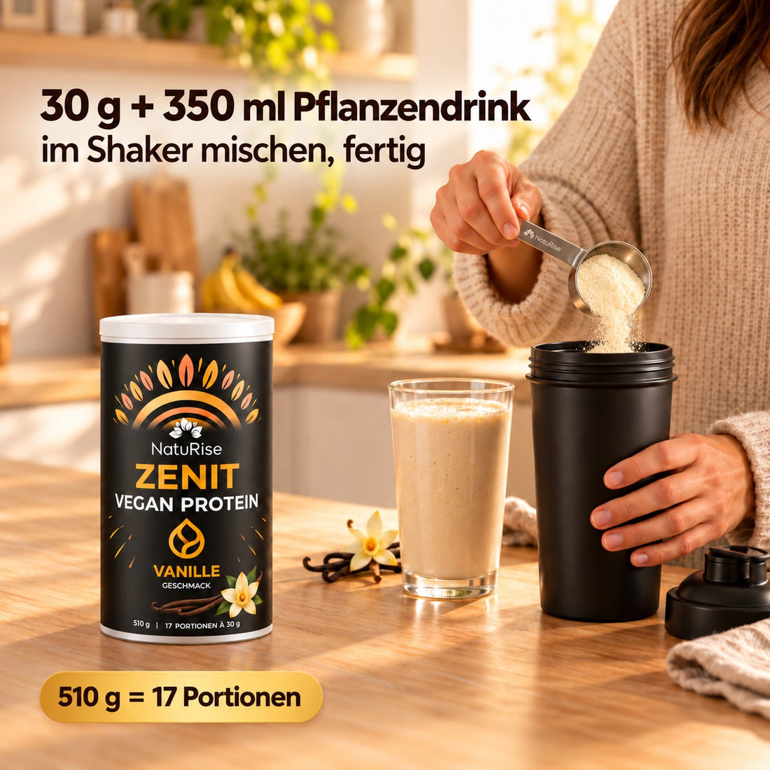 Zenit Vegan Protein Vanille – Zubereitung im Shaker mit 350 ml Pflanzendrink